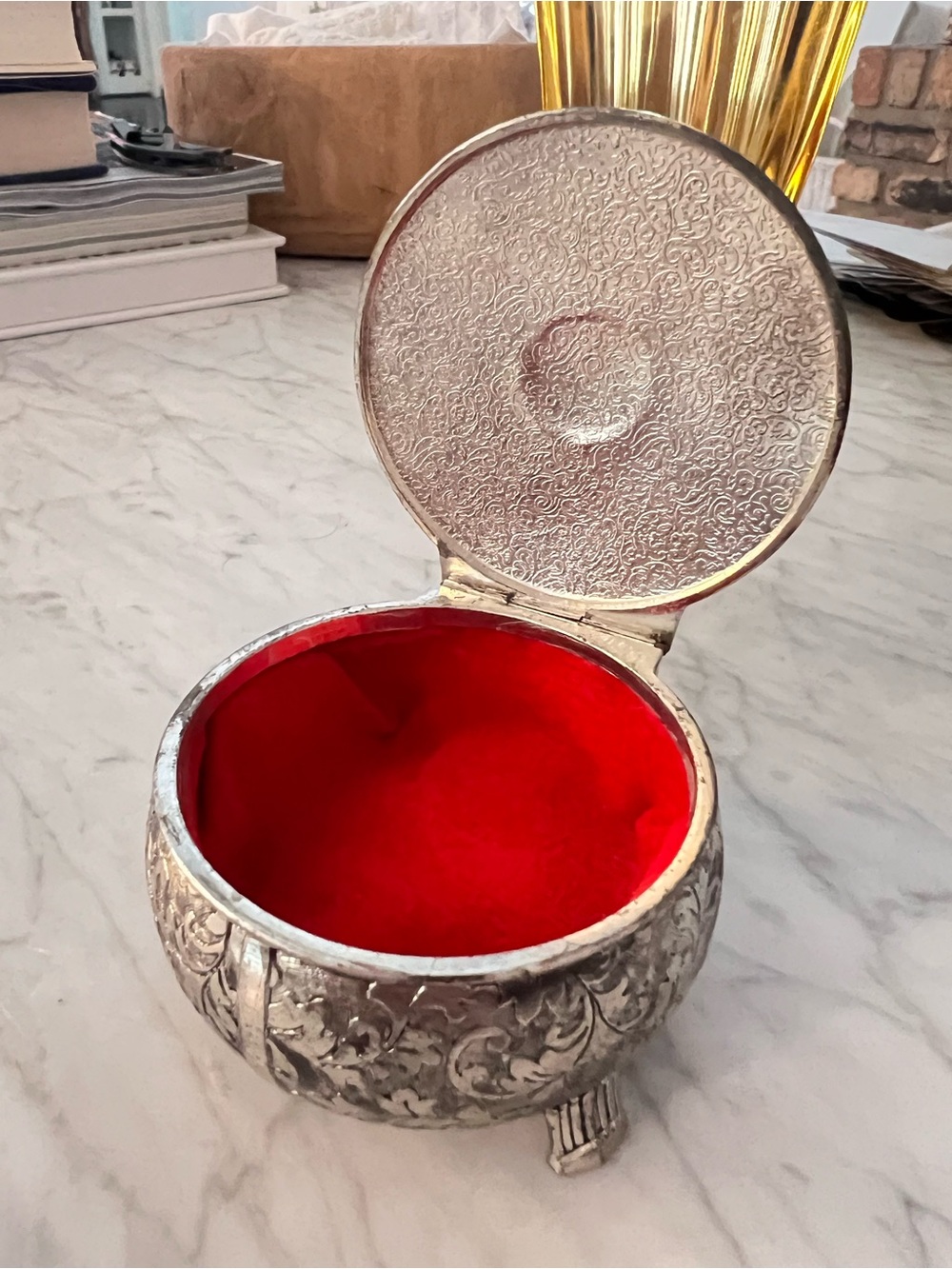 Vintage Ornate Silver Trinket Box with Red Velvet Lining